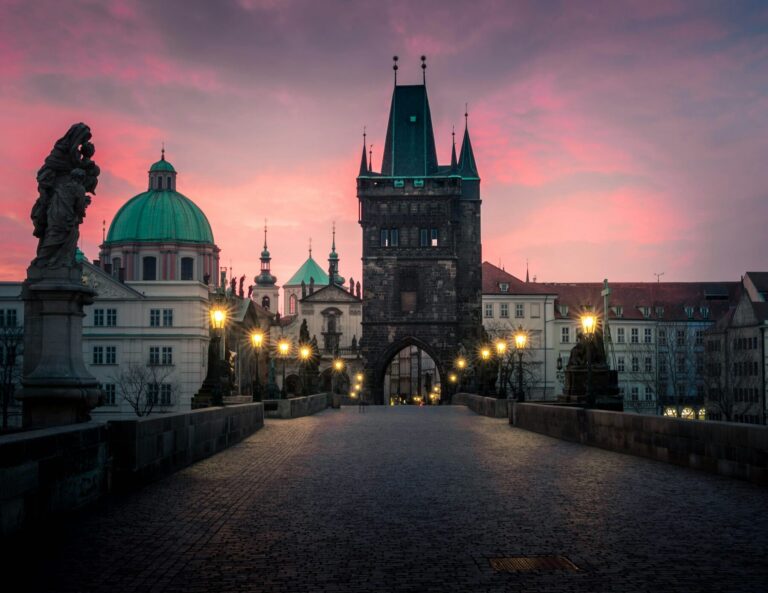 Charles Bridge and the Old Town of Prague at dusk
