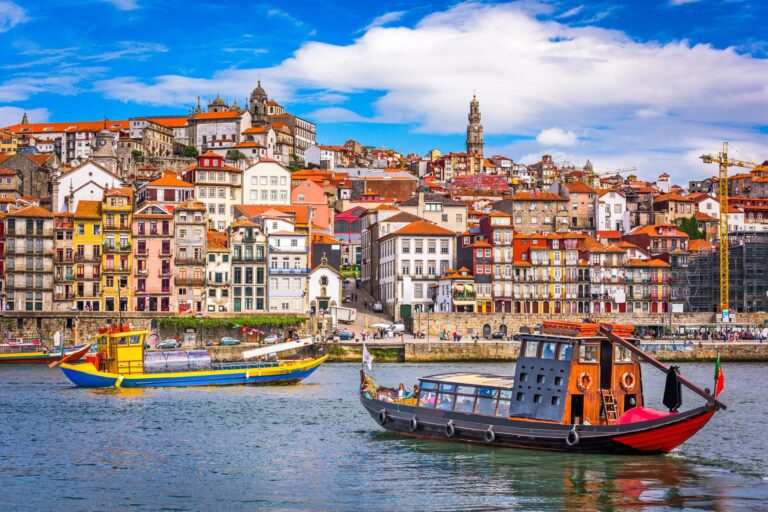 Porto portugal old town skyline from across the douro river