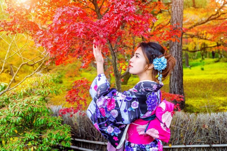 Asian woman wearing japanese traditional kimono in autumn park japan